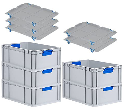PROREGAL SuperSparSet 5x Eurobox NextGen Color mit Auflagedeckel & Schiebeschnappverschlüsse, HxBxT 22x40x60cm, 44L, Griffe blau geschlossen, Verstärkter Boden, Eurobehälter Transportbox