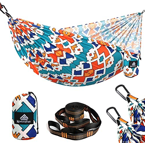 NATUREFUN Ultraleichte Reise Camping Hängematte | 300 kg Tragkraft (275 x140 cm),Atmungsaktiv,Schnelltrocknendes Hängematten |2 x Premium Karabiner,2 x Schlingen Inbegriffen | Draußen Drinnen Garten