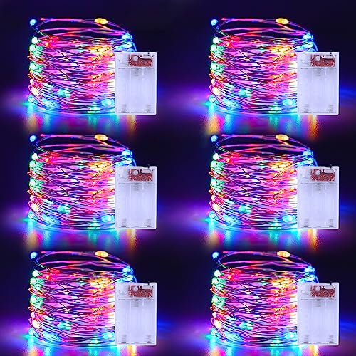 Christmas Multicolor Fairy Lights Battery Operated 6 Pack 16.4Ft 50 LEDs Silver Copper Wire Twinkle Lights for Halloween Bedroom Indoor Outdoor Wedding Dorm Parties Holiday Yard Decorations