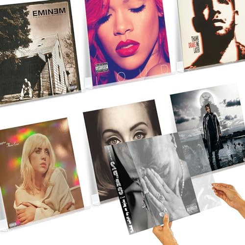 Vinyl Pros Schallplattenregal Wandhalterung und Schutzhüllen 6 Pack - 6 Acryl-Schallplatten-Albumhalterregale, 6 transparente Album-Schutzhüllen Installations-Hardware und Werkzeuge