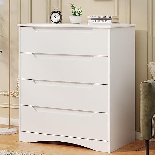 Bealife Kommode Weiß, Schlafzimmer Kommode mit 4 Geräumige Schubladen, Schrank mit Schubladen mit Ausgeschnittenen Griffen und Kippsicherung, Schubladenschrank Ideal für Wohnzimmer, Büro