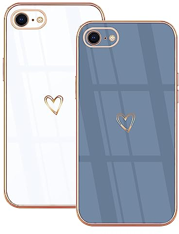 Lonrapa 2 Stück iPhone 8 / iPhone 7 Handyhülle Herz Muster Motiv Hülle für Mädchen Frauen Farbe Galvanisierte TPU Silikon Stoßfest Schutzhülle iPhone SE 2022 / iPhone SE 2020 Case Cover, Weiß & Blau
