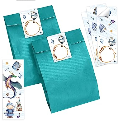 Minkocards 8 Lesezeichen + 8 Geschenktüten (Petrol) + 8 Aufkleber Ritter Drache Mitgebselset Gastgeschenke für Kindergeburtstag Jungsgeburtstag