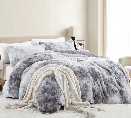 Nyescasa Plüsch Bettwäsche 220x240 Winter Flauschig Warme Flanell Biber Wendebettwäsche Langhaar Flausch Fleece Deckenbezug Tie Dye Gedruckt Grau Bettbezug mit Reißverschluss und 2 Kissenbezug 80x80cm