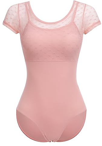 FYMNSI Damen Ballettanzug Ballettbody Sport Yoga Tanz Body Gymnastikanzug Trikot Kurzarm Bodysuit Mesh Einteiler Turnanzug Leotards Overall Oberteile Tops Elegant Ballett Bekleidung Rosa XL