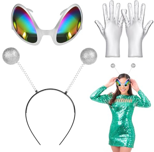 Ainiv Alien Stirnband und Brille Handschuhe, Party Head Boppers Stirnband Außerirdische Brille Silberne Handschuhe, Geeignet Als Foto-Requisiten Und Atmosphären-Requisiten für Erwachsene und Kinder