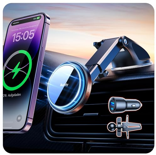 Auckly 15W Chargeur Support Voiture pour,【Ventouses】 Support Téléphone Voiture Voiture Magnétique Porte Carte sans Fil Voiture pour iPhone 15/14/13/12 Pro/Max/Mini/Plus & Samsung A28-XP