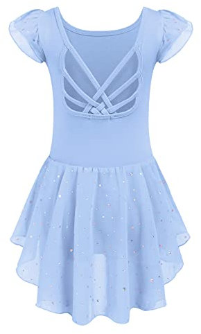 Arshiner Kinder Ballettkleid Rückenfrei Mädchen Kurzarm Ballettkleidung Baumwolle Tanzkleid Ballett Turnanzug Blau Balletttrikot mit UnregelmäßIges Ballettrock 120/2-3 Jahre