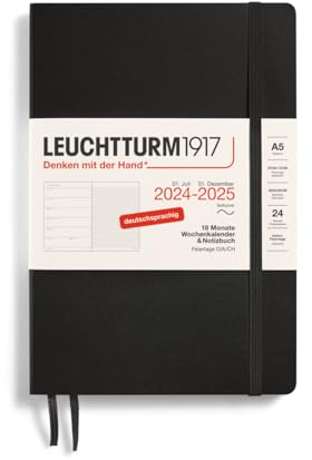 LEUCHTTURM1917 370619 Wochenkalender & Notizbuch 2025, Medium A5 Softcover - 18-Monats-Planer, 80 g, liniert - Schwarz