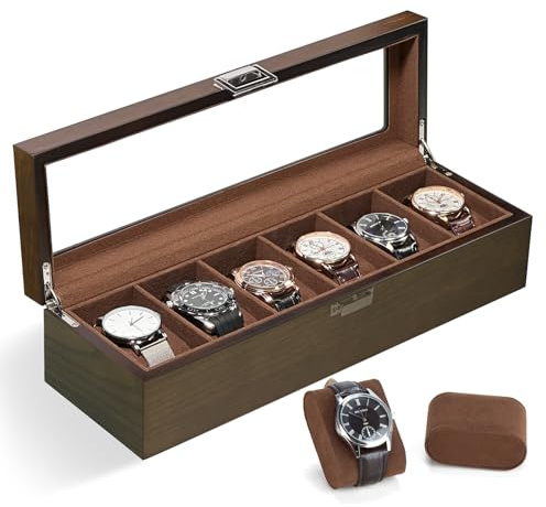 Slege Uhrenbox aus Holz mit 6 Fächer,Uhrenetui für Herren,Uhrenhalter Glasplatte & Uhrenkissen,Uhrenaufbewahrung für Uhren,Uhrenbox-Organizer für Damen und Herren,Geschenkidee,Watch Box,Watch Case