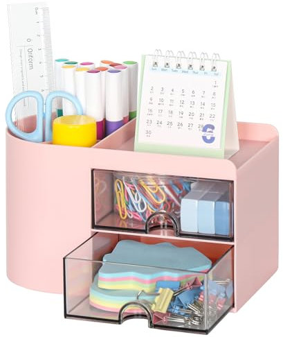 TQVAI Organizer Scrivania, Plastica Multifunzionale Portaoggetti Portapenne da Scrivania Organizzatore Scrivania con 2 Cassetti e 3 Scomparti per Scuola, Casa, Ufficio Cancelleria, Rosa