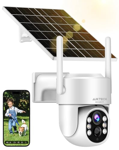 AUKTECH 4MP Überwachungskamera Aussen Solar, 360 Grad Outdoor Kamera Überwachung Akku, 2.5K FHD Nachtsichtfarbe, PIR Bewegungssensor, Zwei-Wege-Audio, 2,4-GHz-WLAN, IP66 Wasserdicht