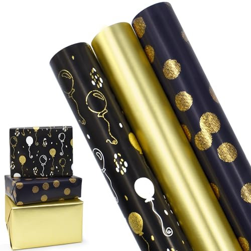 3 rouleaux de papier cadeau, 43,9 cm x 3 m, papier cadeau métallique et brillant, rouleau de papier cadeau de Noël recyclable pour anniversaire, fête, festival, décorations de cadeaux