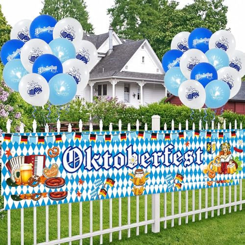 AEYAKA Oktoberfest Deko Set 300x50 cm Oktoberfest Banner & 20 Luftballons in Blau-Weiß Girlande für Outdoor Bierzelte & Garten Bayrische Party Dekoration