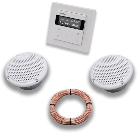 Gira Unterputz IP Internetradio 232003 + Bluetooth Komplett-SET E2, reinweiß glänzend + 2 x Deckenlautsprecher Einbaulautsprecher (Feuchtraum/Badezimmer) + 20 Meter Lautsprecherkabel 2x0,75 mm