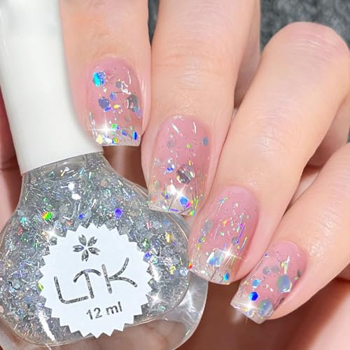 DMQ Glitter Nail Polish, Big Sequins Holographic Nail Varnish, Sparkling Shiny Nail Gel - Long Lasting Chip Resistant & Quick Drying Nail Polish Gel for DIY Nail Art at Home - 12ML