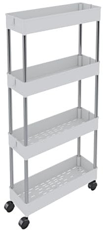 Carrello Portaoggetti A 4 Ripiani Mobile Salvaspazio In Plastica Con Ruote Struttura In Acciaio Per Spazi Ridotti Cucina Bagno Lavanderia Camera Da Letto Salotto Studio 40 x 13 x 85 Cm (Bianco)