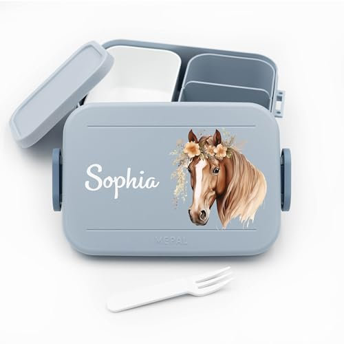 Geschenkfreude Kinder Bento Box Midi Lunchbox für Mepal Bentobox - Brotdose personalisiert Mädchen - Geschenk Pferdemädchen - 900 ml - Nordic Blue - brotdose kinder mit fächern name