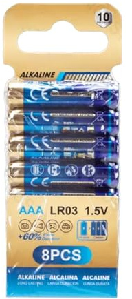 LR03 (AAA) 1,5 V Alkaline-Batterie, perfekt für Fernbedienungen, Spielzeug und Taschenlampen. Kommt in Einer Packung mit 8 Stück für Komfort und Haltbarkeit.