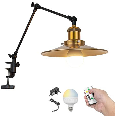 FSLiving Dimmable Desk Lamp Clamp, Clip on LED Desk Light with Flexible Swing Arm,Battery Bed Light Clip on,Decorative Iron Clamp Lamp Adjustable for Office Study Reading with Brass Lampshade