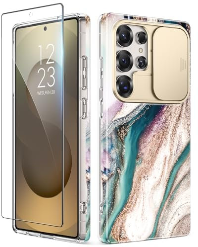 GVIEWIN Kompatibel mit Samsung Galaxy S25 Ultra Hülle mit Schieben Kamera Abdeckung+Displayschutz, [Fallschutz in Militärqualität] Marmor Stoßfest Kratzfest Handyhülle 5G 6,9 2025,Treibsand/Braun