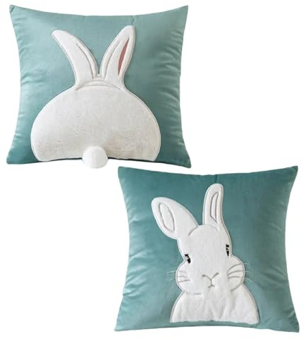 FUFRE Osterdeko Hase Kissenbezug 45x45 cm, 2 Stück Osterhase Deko Kissenbezug Samt, Osterdeko Modern Hase Schwanz Kissenhülle Ostern, Kissenbezüge für Ostern Deko Wohnzimmer Schlafzimmer (Grün)