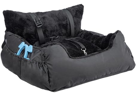 Plush Dog Car Seat for Small Dogs & Cats, Comfortable Pet Car Seat with Safety Leash & Non-Slip Base, Car Seat Bed with Storage Pocket, Soft Secure Small Dog (Style1-Black, One Size)