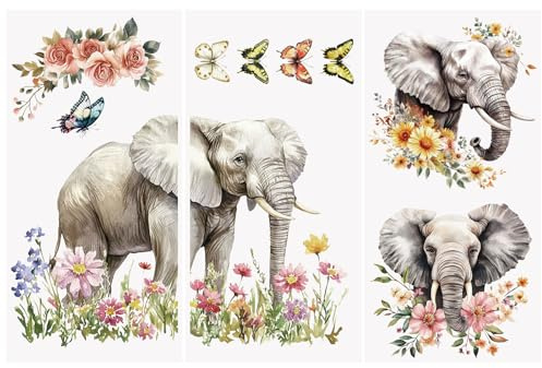 WANDIC 3 Bögen Elefanten-Transfer-Aufkleber, wasserdicht, gemütlich, Blumen-Transfer-Aufkleber, Schmetterling, Tier-Aufkleber für Handwerk, Möbel, DIY, Basteln, Dekoration, 15 x 30 cm