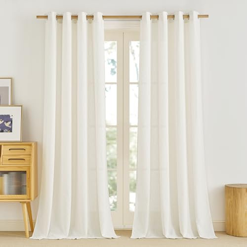 PONY DANCE Boho Style Gardinen für Wohnzimmer/Schlafzimmer Leinenvorhang mit Ösen 2er Set H 245 x B 140 cm Gardinen Leinen Halbtransparent Linen Curtains for Living Room, Creme