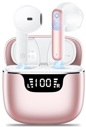 Cuffie Bluetooth, Auricolari Bluetooth 5.3 HiFi Stereo con 4 Mic ENC Cuffie Wireless Mini 42 Ore Display Cancellazione Rumore LED Cuffiette Senza Fili USB-C IPX6 Impermeabile Touch Control,Oro Rosa