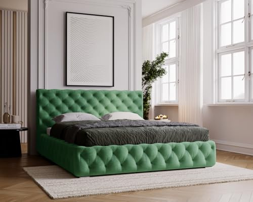 Emporius Glory Polsterbett 180x200 - Chesterfield Bet, Glamour Design - Polsterbett mit Bettkasten, Lattenrost, Samt, Velour Grün (Magic Velvet 2225)