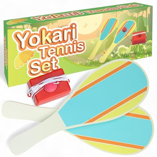 MIJOMA Yokari Kit de tennis - Jeu de plage coloré avec 2 raquettes et balle de rebond - Jouet d'extérieur pour enfants et adultes - Plaisir d'été pour le jardin, la plage et les vacances