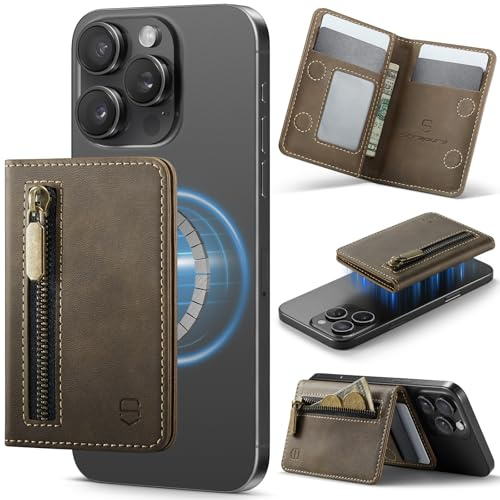 Strapurs Magnetic Card Holder Compatible with MagSafe Phones and Cases, PU Leather Slim Phone Wallet for iPhone 16/15/14/13/12/Pro/Max/Plus, 4 Card Slots RFID Blocking with Zipper Pocket - Brown