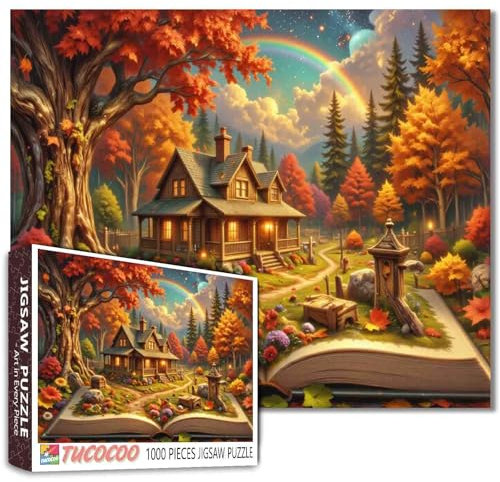 Tucocoo Puzzle d'automne fantastique pour adultes de 1000 pièces, chalet d'automne confortable dans la forêt enchantée, puzzle arc-en-ciel et livre ouvert pour soulager le stress, se concentrer et