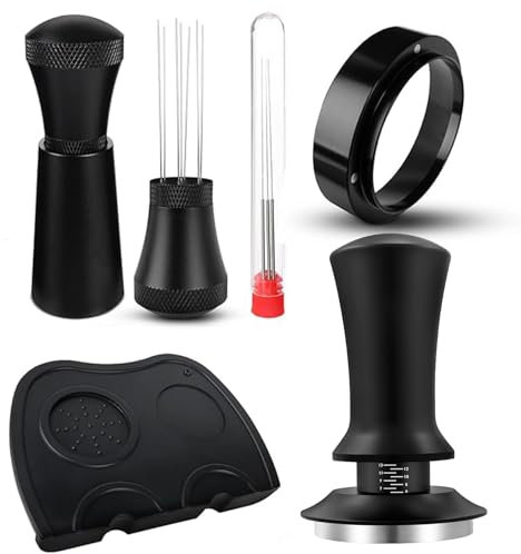 Espresso Tamper Set, Coffee Tamper,Tamper Mat, Dosing Funnel, Spring-Loaded Tamper Flat Stainless Steel Base Compatible with Espresso Aluminum Handle Accessories