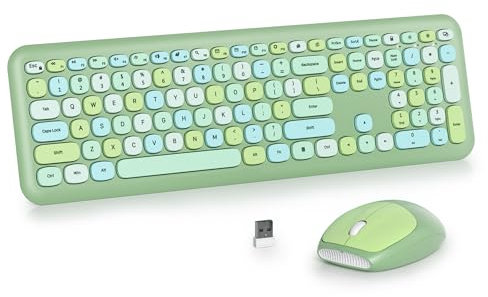 SOLIDEE Wireless Keyboard and Mouse Combo, Retro Typewriter Keyboard 104 Keys Full Size, 2.4GHz Silent Membrane Keyboards with Number Pad, Colorful Round Keycaps(US Layout QWERTY)(Green)
