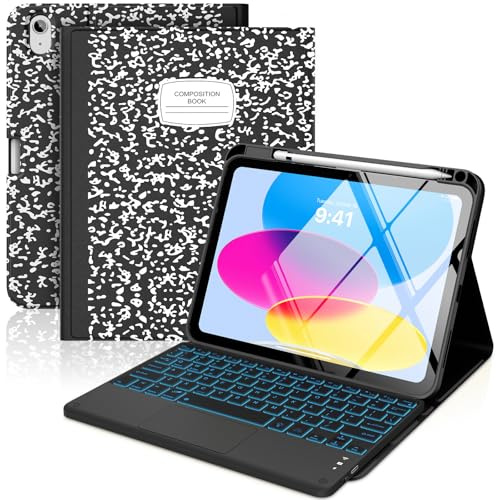 MoKo Funda con Teclado Táctil para iPad (A16) 11.ª Gen 11 2025, iPad 10.ª Gen 10,9 Funda con Portalápices, Teclado Bluetooth Desmontable con Panel Táctil Retroiluminado en 7 Colores, Notebook Negro