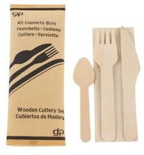Kits Couverts Jetables en Bois, 250 Kits, 4 Pièces | Couteau, Fourchette, Cuillère Dessert, Serviette, Écologiques, Zéro Déchet, Idéal Restauration, Traiteur, Événements