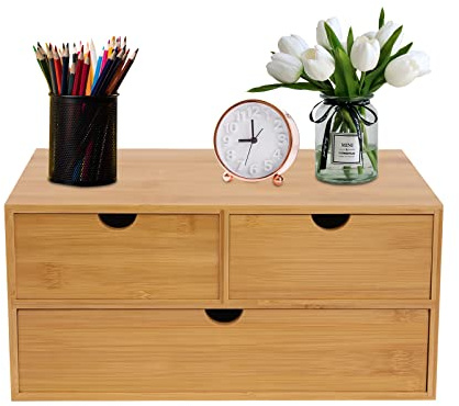 UHDUIG Organizer Schreibtisch Holz Schreibtischbutler Bambus Schreibtischablage mit Schubladen Multifunktionaler Tischaufbewahrungsorganizer für Büro Zuhause Badezimmer (3 Schubladen, 33x19x16cm)