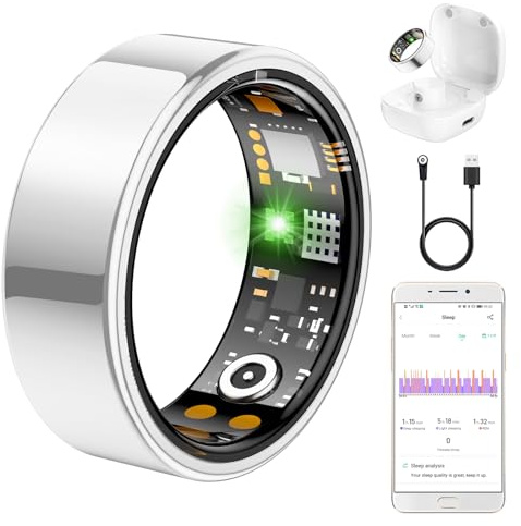 Ring Health Tracker for Women Men, Fit Ring with Heart Rate, Blood Oxygen, Sleep Monitor, Calories, Step Counter, IP68 Waterproof Smart Ring for iPhone & Android, No Subscription Fee (Silver, 6#)