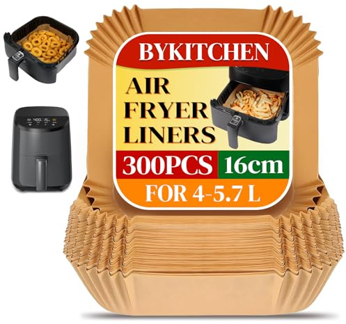 BYKITCHEN Square Air Fryer Liners, Disposable Parchment Paper, 300 Count | Greaseproof Paper Air Fryer Liners, Fit for Ninja AF140UK, Russell Hobbs 4.3L, Tower 4L, Air Fryer Accessories
