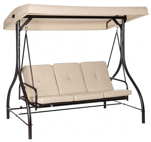 BRICOZONE Dondolo 3 Posti Con Tettuccio Parasole Seduta Reclinabile Trasformabile In Letto Struttura In Acciaio Per Terrazzo Giardino Patio Moderno 195 x 120 x 175 Cm Beige
