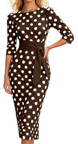 AWYHAOYULA Damen Punkte Midi Kleid – Elegantes 3/4-Arm Bodycon Kleid mit Taillenband, Schickes Abendkleid für Hochzeitsgäste & Beruf