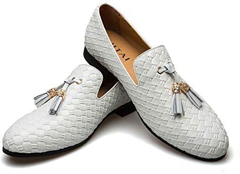 JITAI Gli Uomini Retro Pelle bv Ricami Nobile Scarpe Scivolare su Mocassino Fumare Scarpetta Tassel Mocassini, Bianco 08, 43 EU (10 UK)