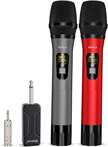 Wireless Microphone, Bietrun UHF Metal Dual Handheld Cordless Dynamic Mic System with Rechargeable Receiver, 1/4‘’Output, for Karaoke, Church, Speech, Wedding, Party Singing(160 ft Range)-Auto Connect