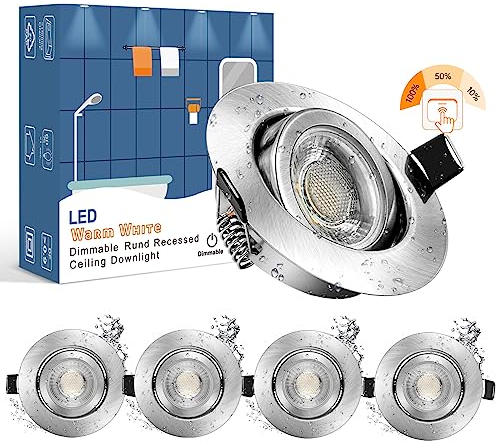 wowatt 5er IP44 7W LED Einbaustrahler 3 Stufig Dimmbar 700lm Hell Schwenkbar Flache Einbauleuchte LED Badeinbaustrahler 2800K Warmweiß Deckeneinbaustrahler Badezimmer AC 230V Ersetzt 70W Halogen