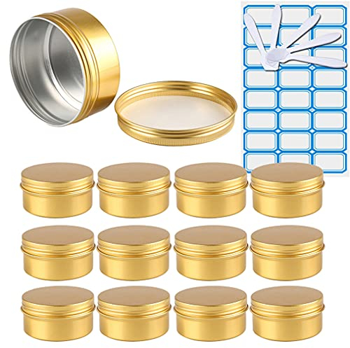 ZEOABSY Pack of 50, Empty 150ml Gold Aluminium Tins with Screw Lids Round Cosmetics Containers Pots Storage Jars for Lip Balm DIY Candle Salve Powder Crafts with 5 Spatula, 2 Labels