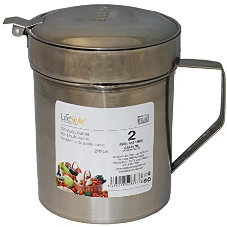 LifeStyle - Grasera de carne acero inoxidable 1400 ml con filtro-colador desmontable, 14,5 x 11,5 cm, bote, recipiente de cocina metálico para guardar grasa, aceite, apta para lavavajillas