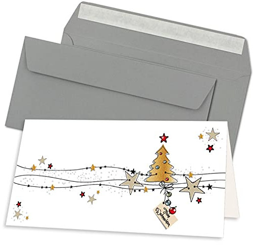 NEUSER PAPIER 30x Weihnachtskarten-Set DIN Lang in Weiß mit Weihnachtsbaum und Sternen - Faltkarten mit Umschlägen DIN Lang Grau mit Haftklebung - Weihnachtsgrüße für Firmen und Privat