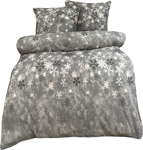 Leonado Vicenti Winter Bettwäsche 220x240 cm Fleece Bettbezug Bettwaren Bezug Kingsize Garnitur Set Kristall Grau Schneeflocken 3 TLG.